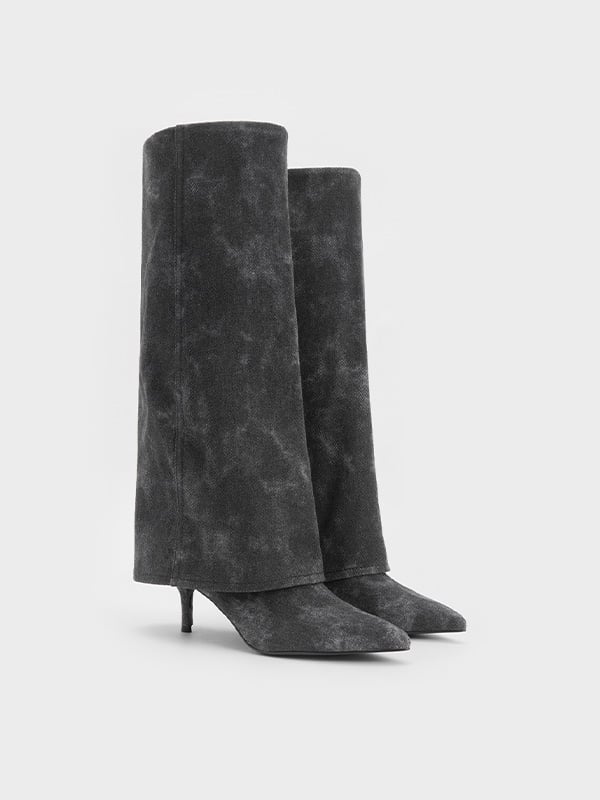 Women's Dark Grey Fold-Over Pointed-Toe Knee-High Boots-  CHARLES & KEITH