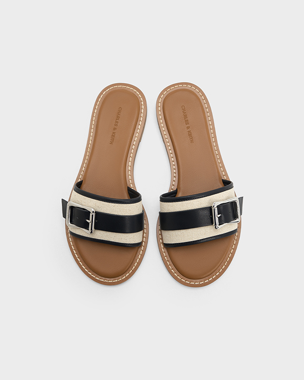 Linen Buckled Slide Sandals - CHARLES & KEITH