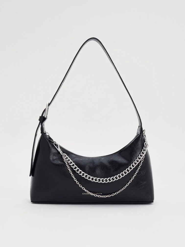 Women’s Atwood crinkle-effect chain-embellished hobo bag in silver - CHARLES & KEITH