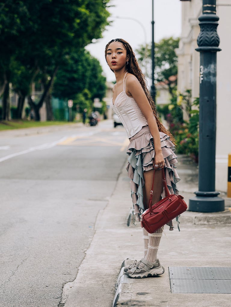 Rachel Elongated Multi-Pocket Shoulder Bag in burgundy and Gaskell Lace Mary Jane Sneakers in white - CHARLES & KEITH