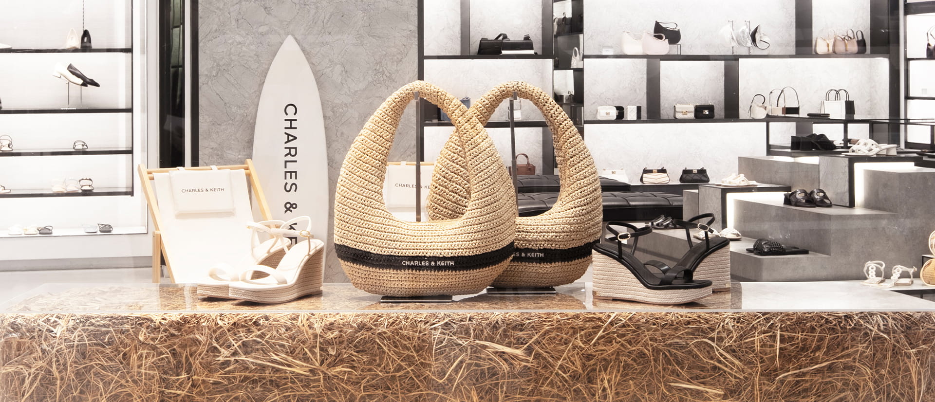 Women’s espadrille wedges & Allegra knitted slouchy hobo bag in beige - CHARLES & KEITH