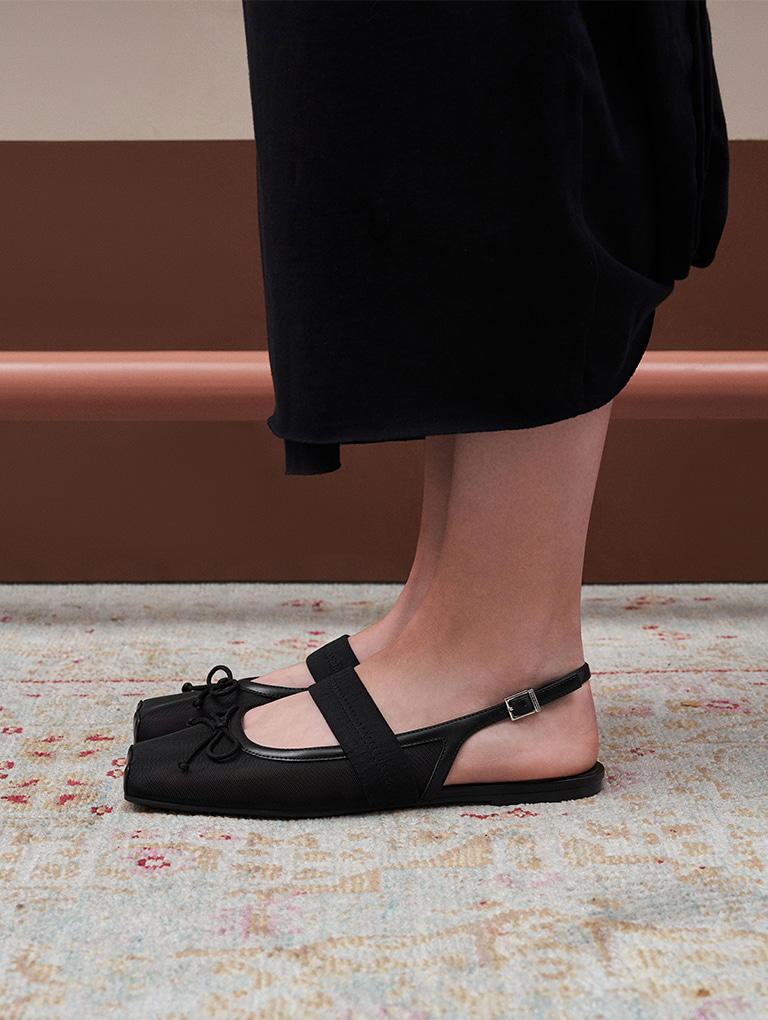 Women’s linen & satin bow slingback flats in black textured – CHARLES & KEITH