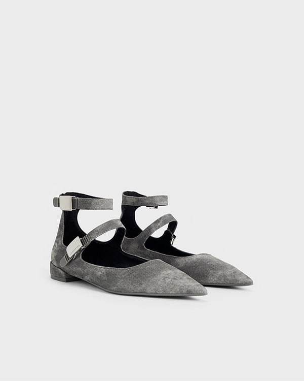 Women's Dark Grey Robbie Denim Pointed-Toe Mary Jane Flats - CHARLES & KEITH