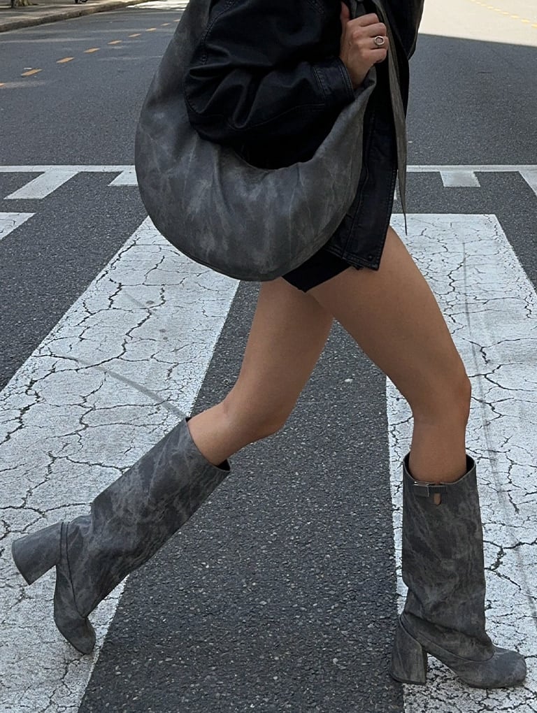 Women’s Toni knotted curved hobo bag in dark grey & Robbie denim-effect platform knee-high boots, as seen on Diana Avel - CHARLES & KEITH