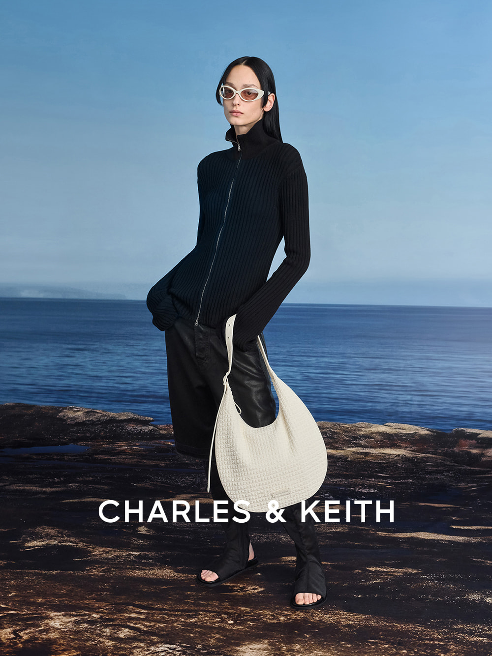 Loren Mesh Cut-Out Boot Sandals in black, Textured Crescent Hobo Bag in white - CHARLES & KEITH