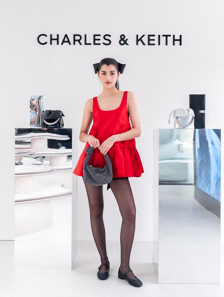 Gertrude Mesh Mary Jane Flats and crystal-embellished knotted-strap shoulder bag in black - CHARLES & KEITH