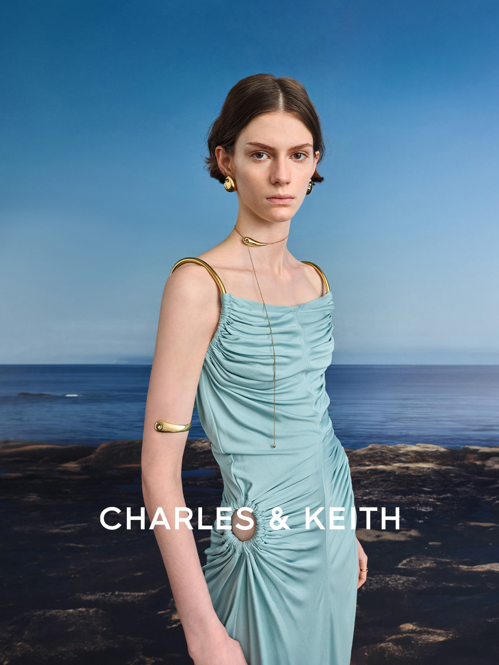 Eimear Teardrop Stud Earrings, Eimear Cuff Bangle, Eimear Sculptural Asymmetrical Necklace, all in gold - CHARLES & KEITH