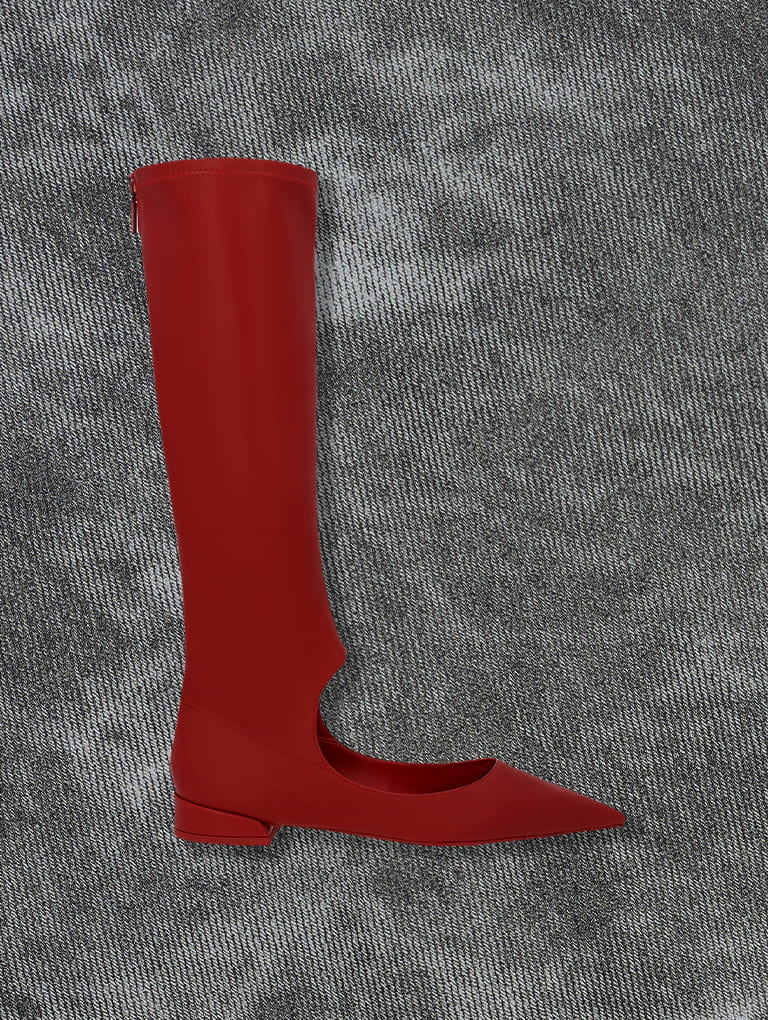 Women’s Cut-Out Pointed-Toe Knee-High Boots in red