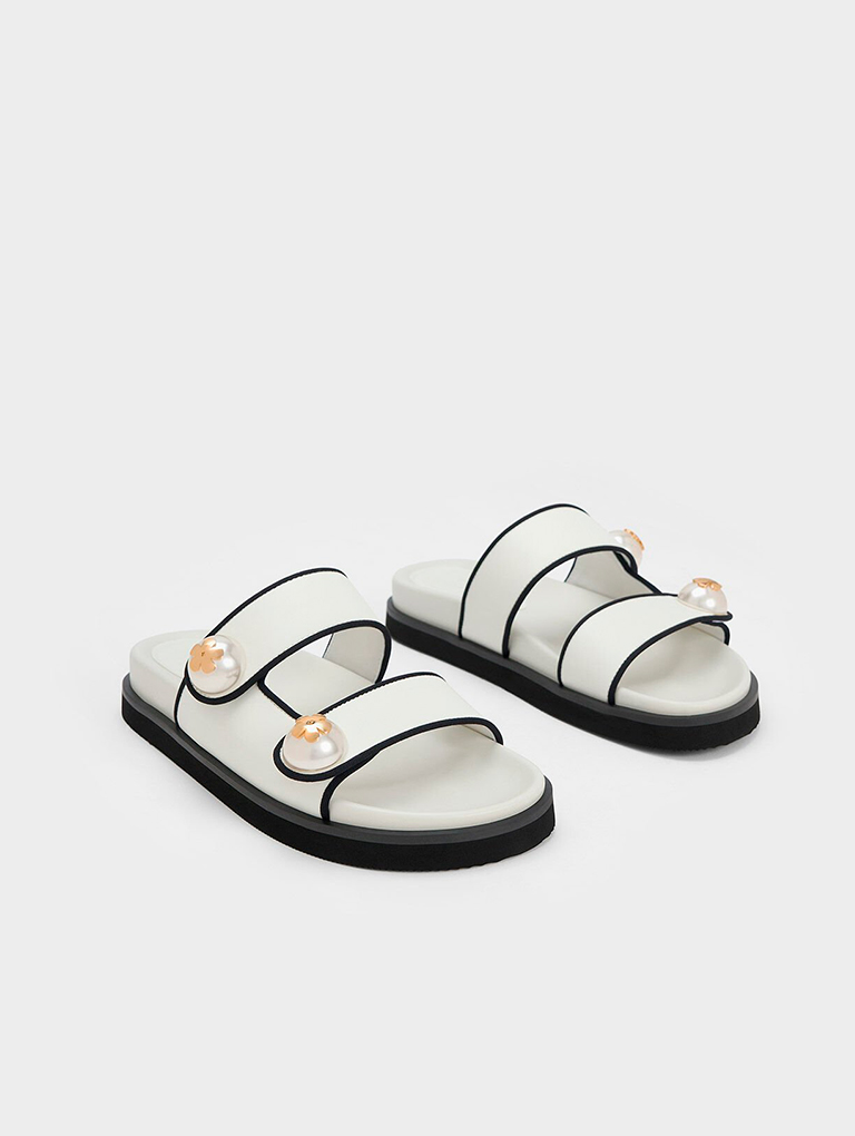 Women’s Pearl Embellished Contrast-Trim Slides in white - CHARLES & KEITH