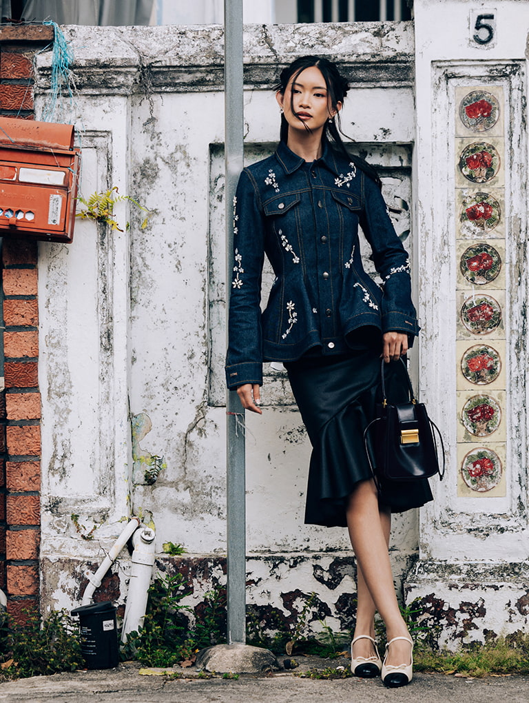 Bow Cap-Toe Mary Jane Pumps in chalk and Charlot Elongated Bucket Bag in black - CHARLES & KEITH