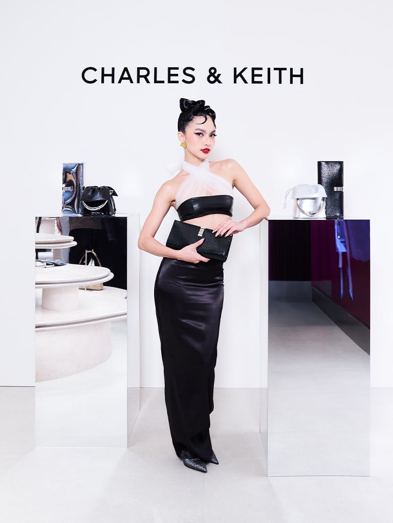 Wisteria High-Shine Metallic-Accent Clutch and Glittered Cone-Heel Pointed-Toe Pumps, both in black – CHARLES & KEITH