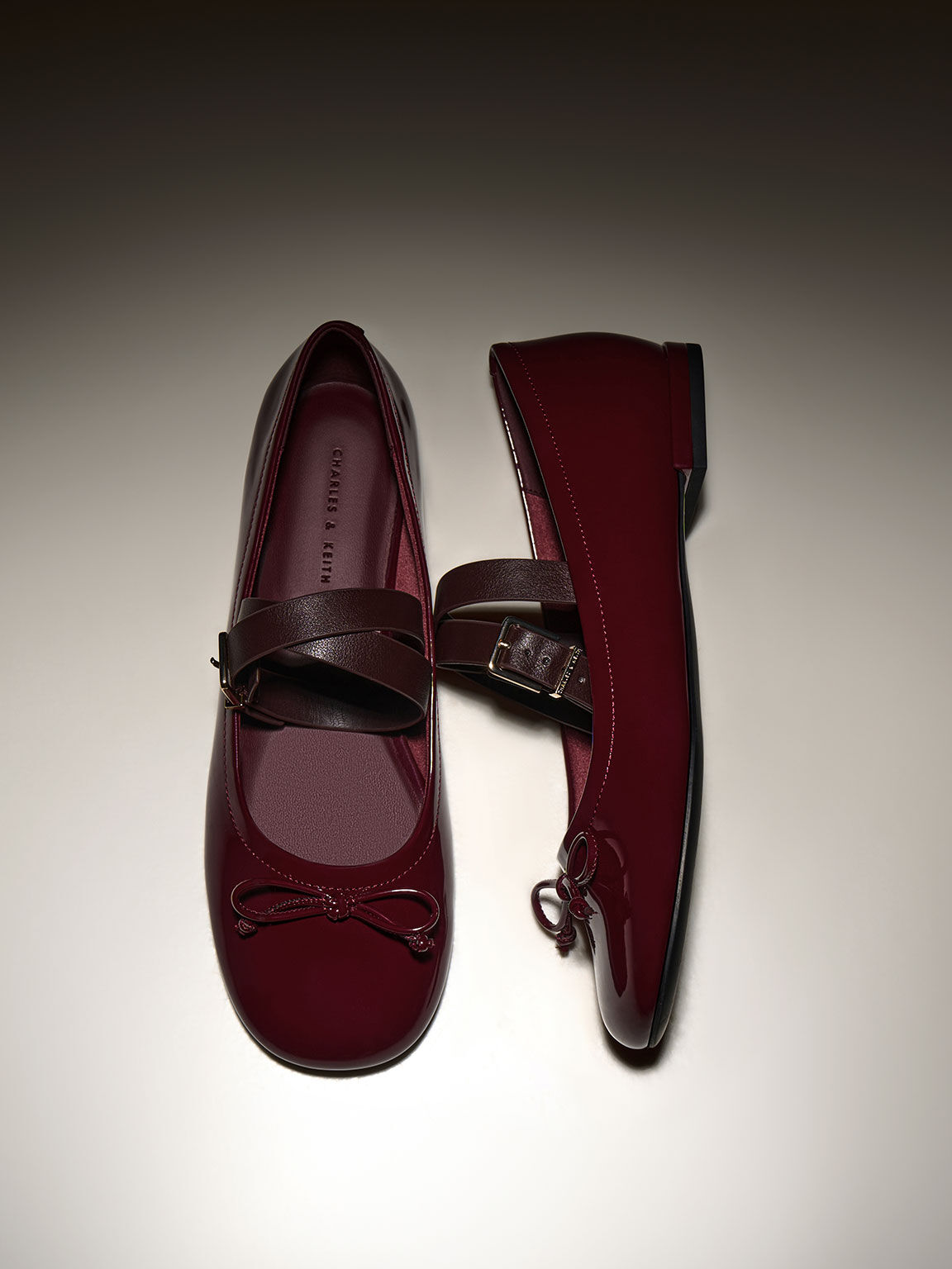 Women’s Margot patent crossover-strap ballerinas in maroon - CHARLES & KEITH