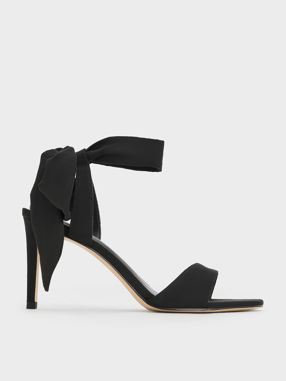 Black Textured Eliana Textured Tie Around Heeled Sandals CHARLES KEITH UK