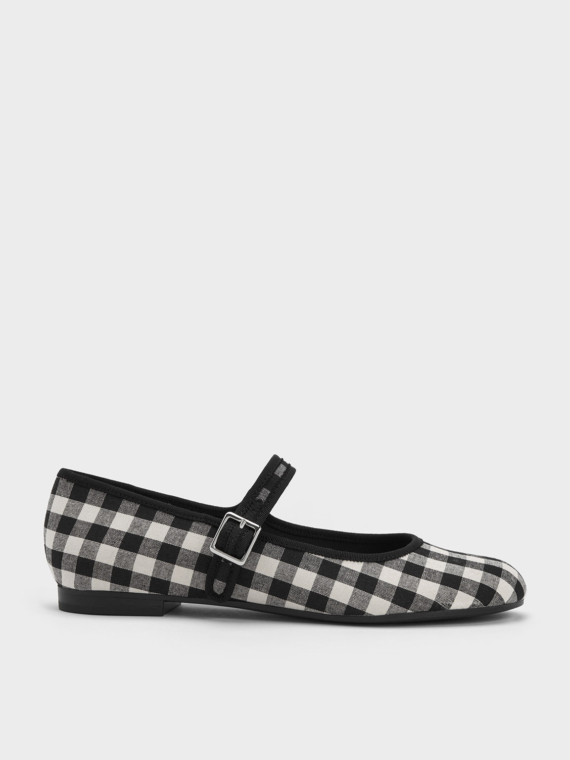 Charles & Keith Checkered Buckled Mary Jane Flats In Black Textured
