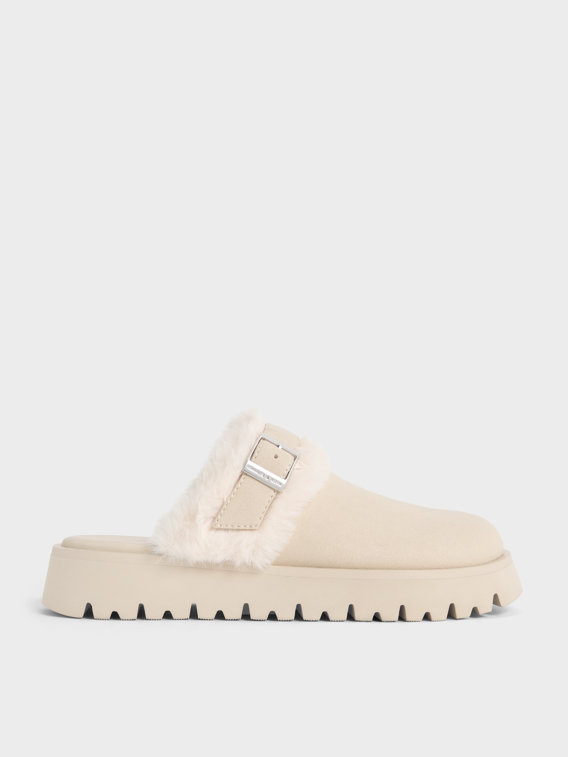 Charles & Keith - Hannah Textured Fur-Trim Buckled Mules