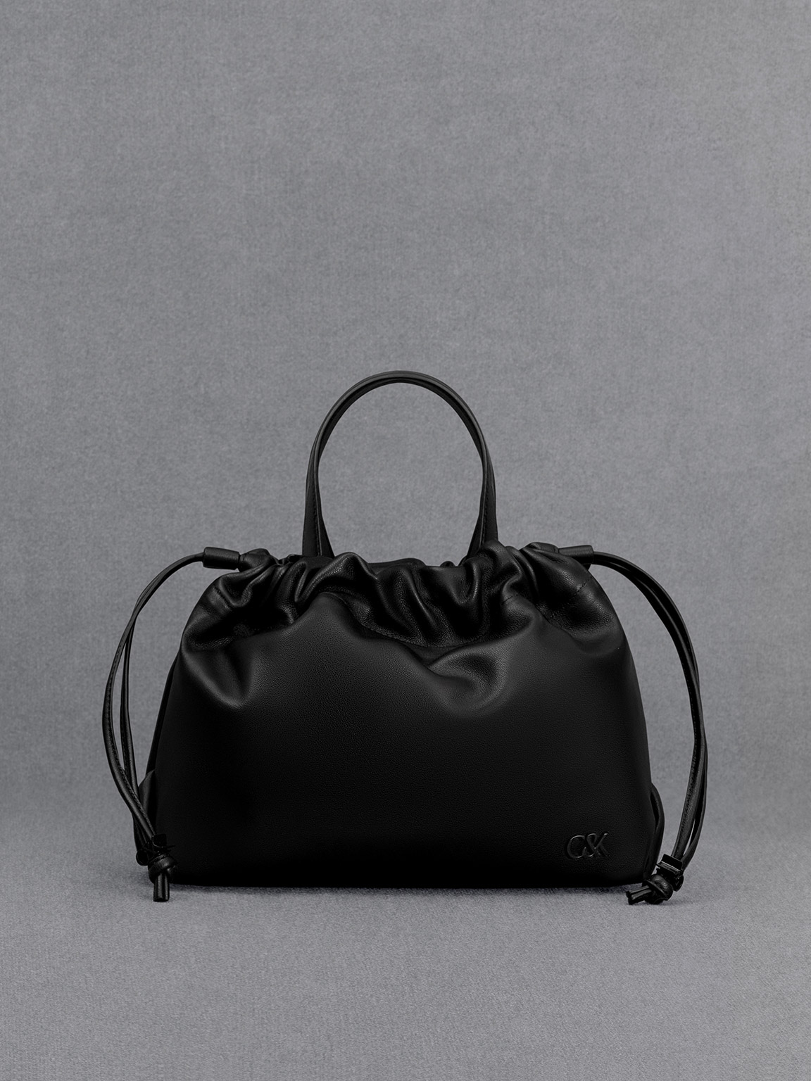 Black Leather Ruched Drawstring Bag CHARLES KEITH UK