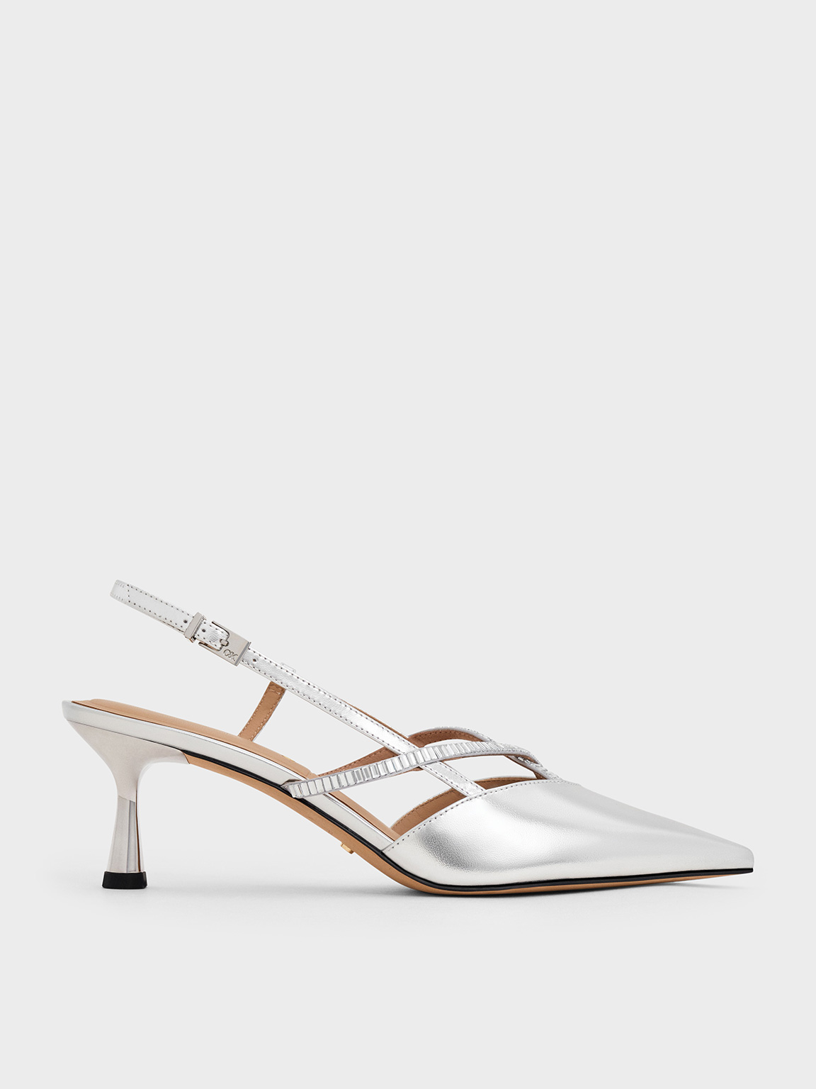 Charles & Keith - Metallic Leather & Satin Crystal-Embellished Slingback Pumps