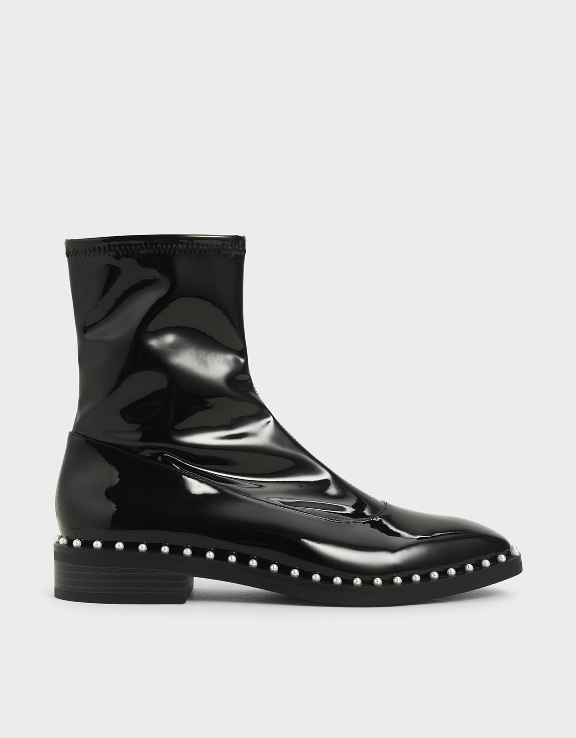 

Patent Stud-Trim Ankle Boots, Black