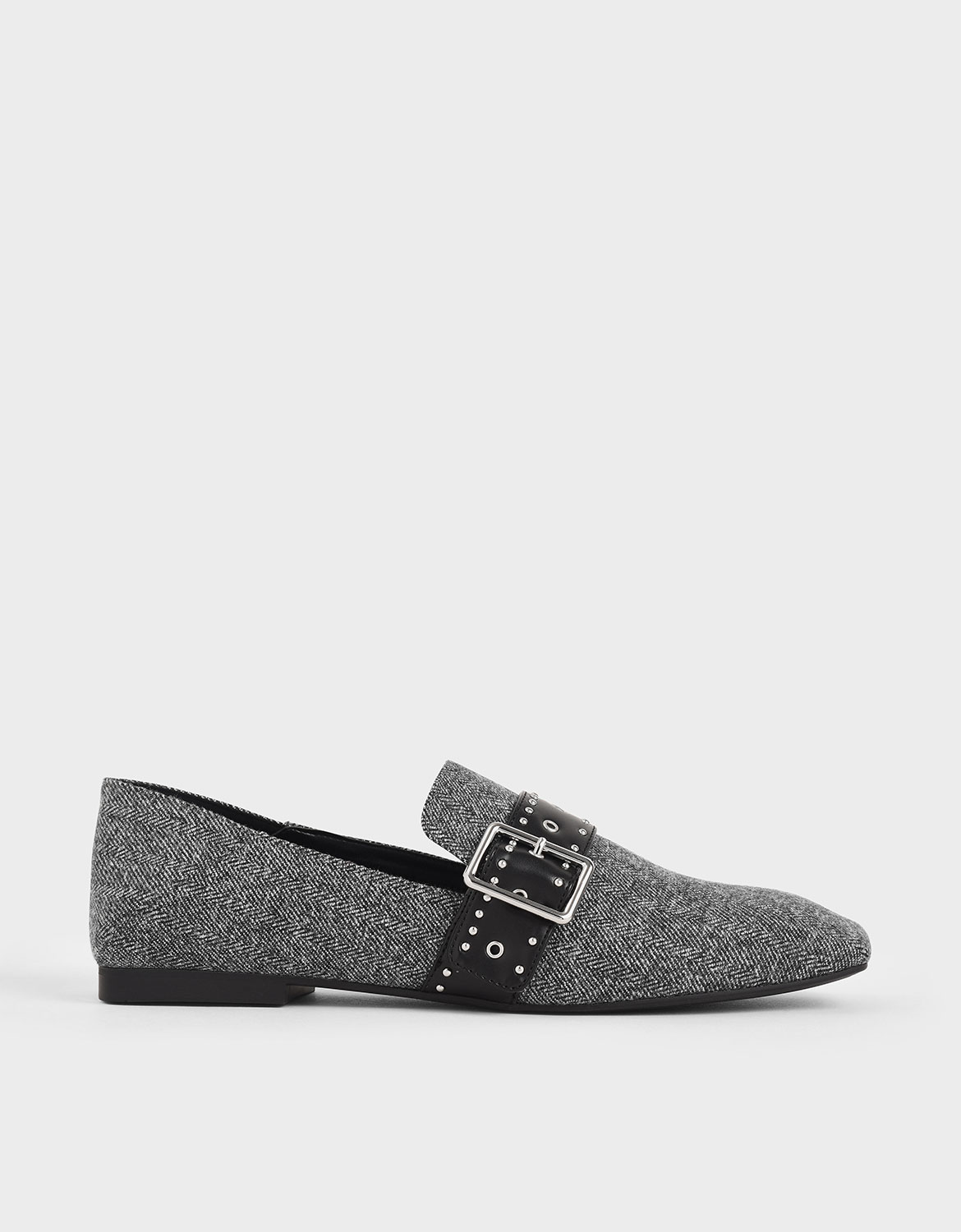 

Woven Grommet Buckle Step-Back Loafers, Dark grey