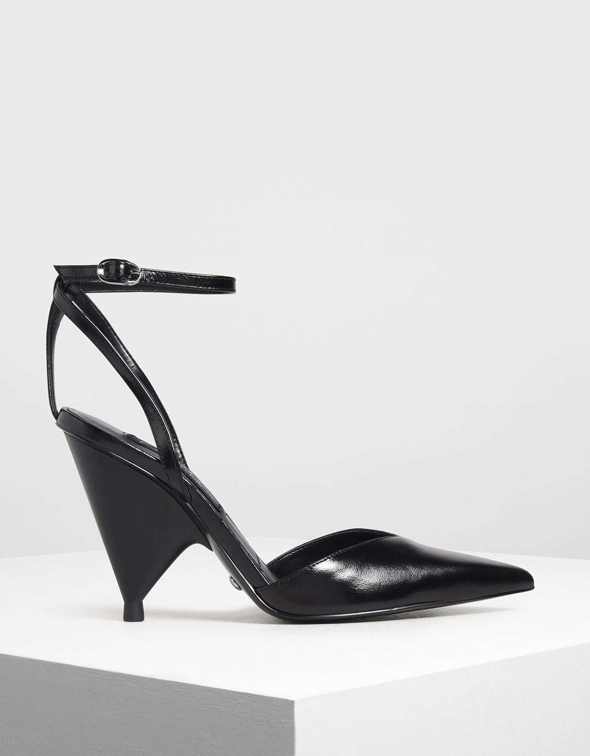 

Leather V-Cut Ankle Strap Cone Heels, Black