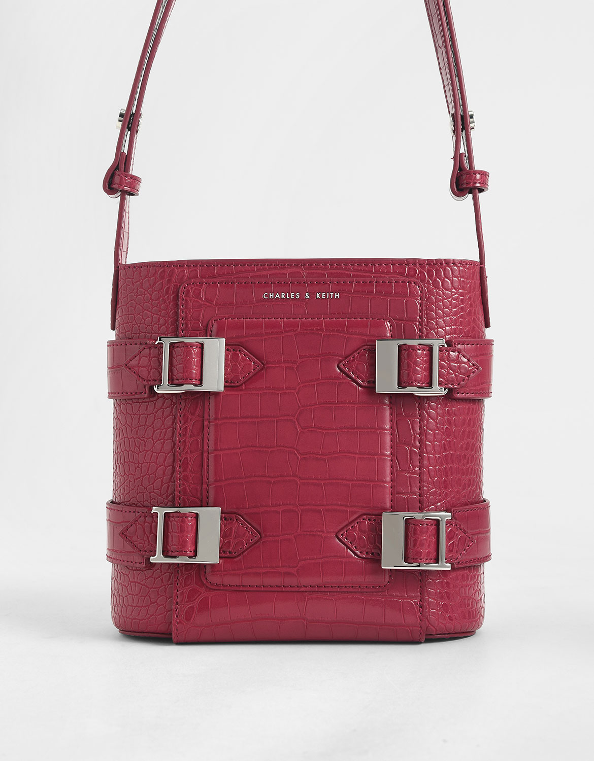 

Croc-Effect Buckle Bucket Bag, Berry