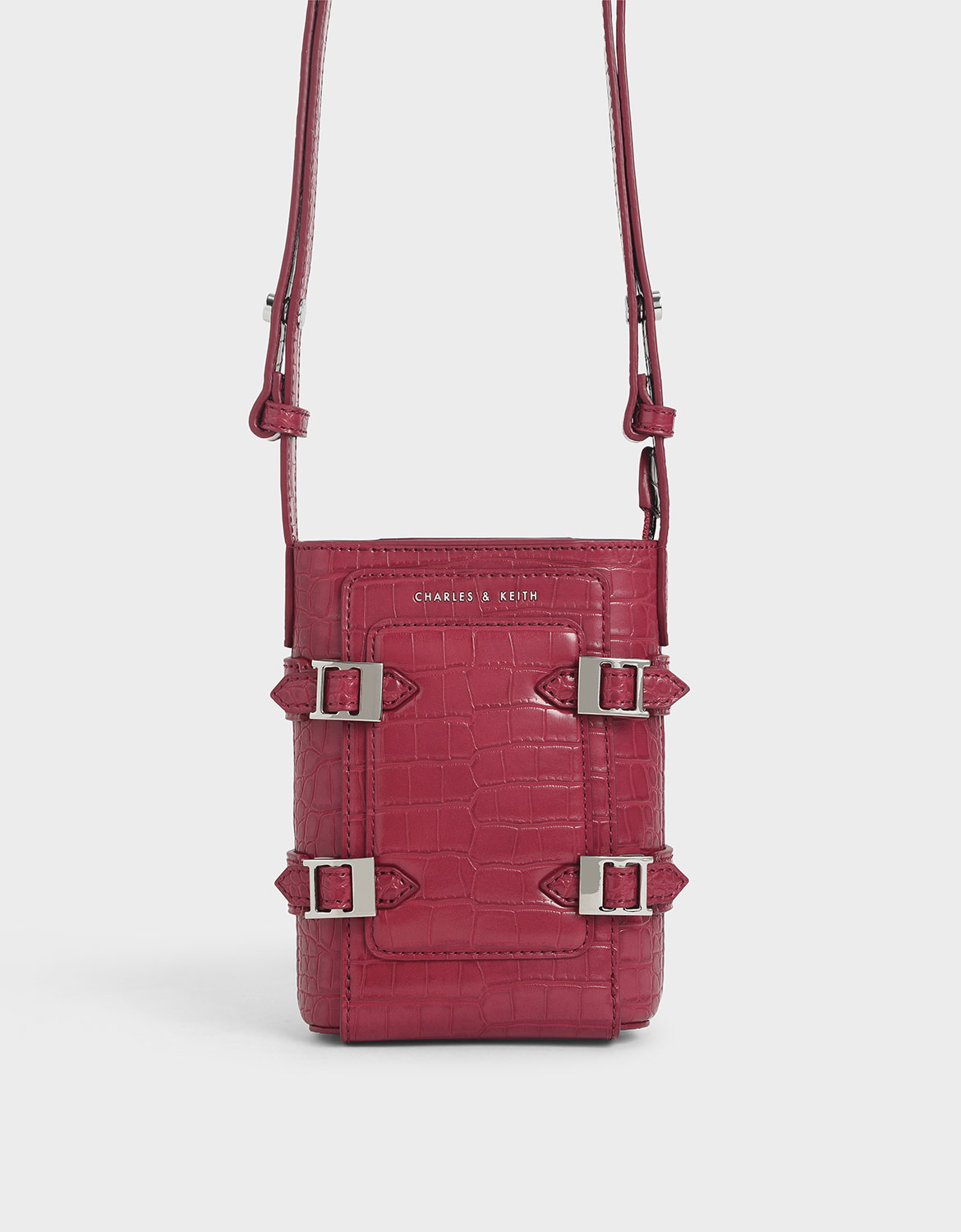 

Small Croc-Effect Buckle Bucket Bag, Berry