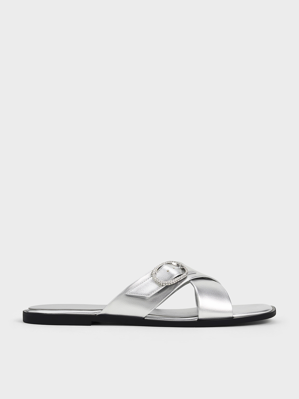 Charles & Keith - Metallic Crystal-Buckle Crossover-Strap Sandals