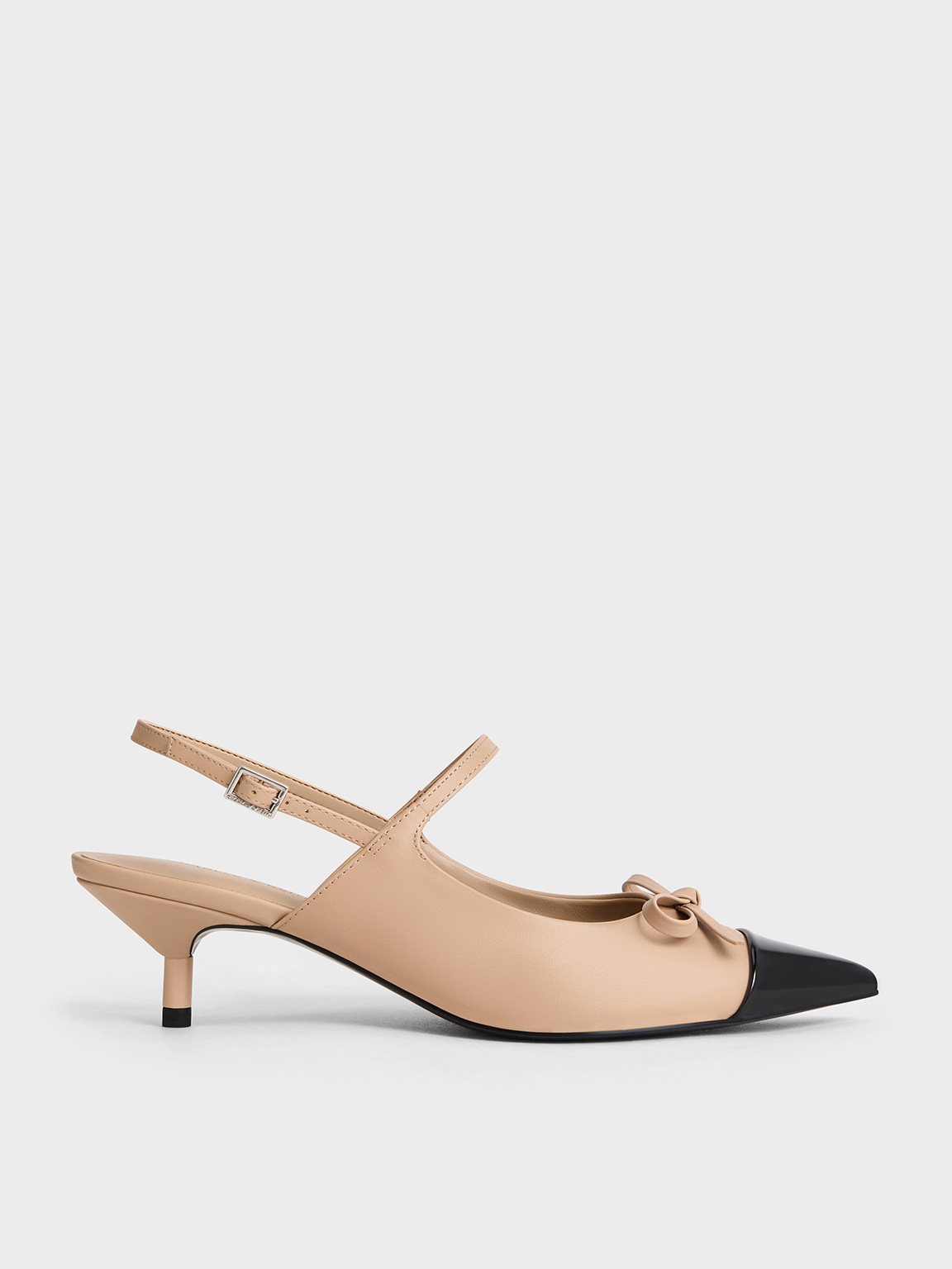 Nude Bow Cap Toe Kitten Heel Slingback Pumps CHARLES KEITH UK