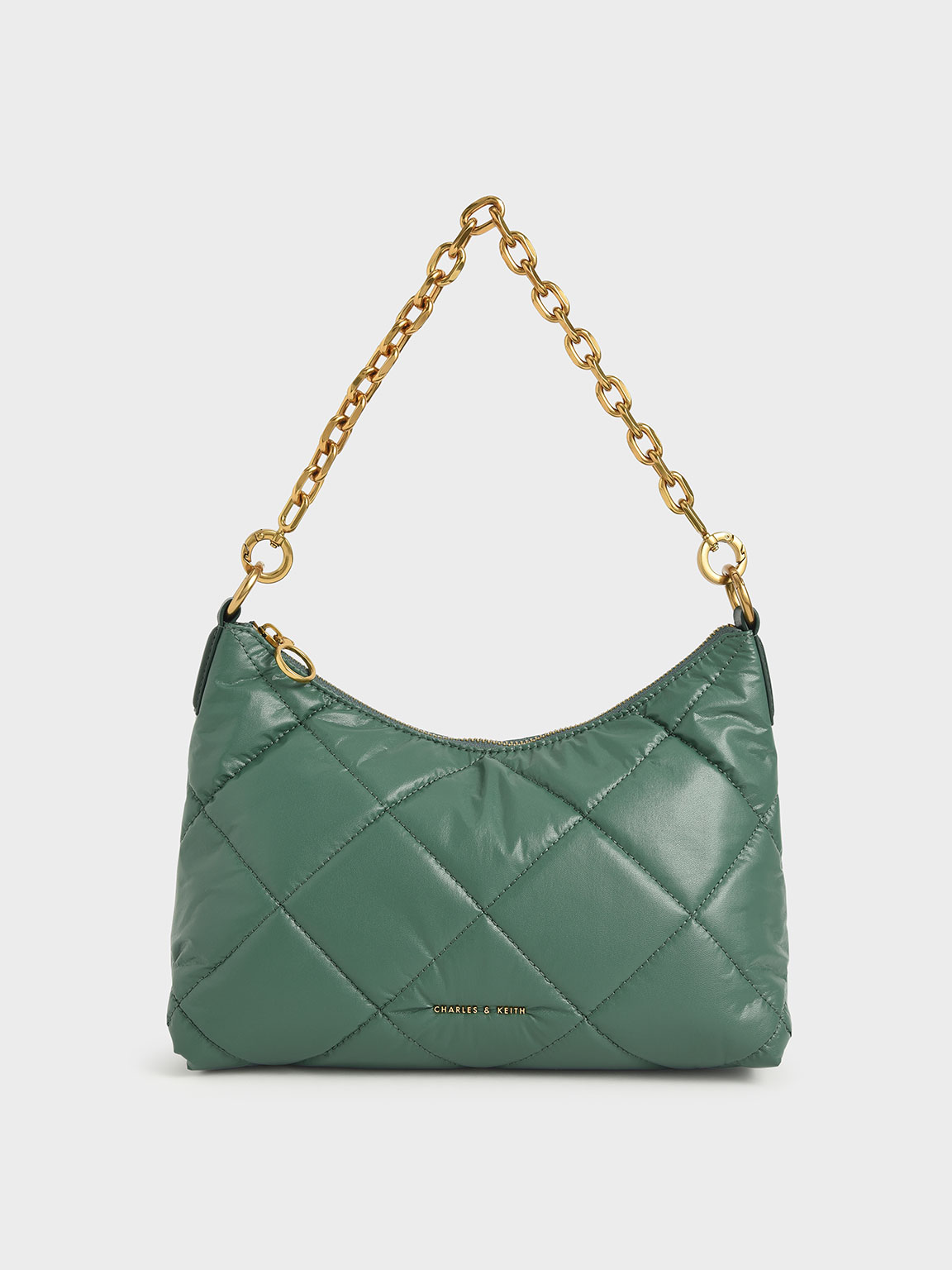 

Puffy Quilted Chain Handle Bag, Dark green