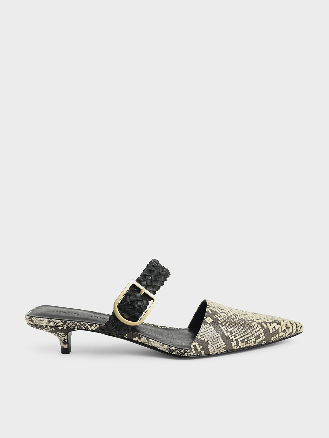 

Snake Print Woven Buckle Strap Mules, Animal print natural