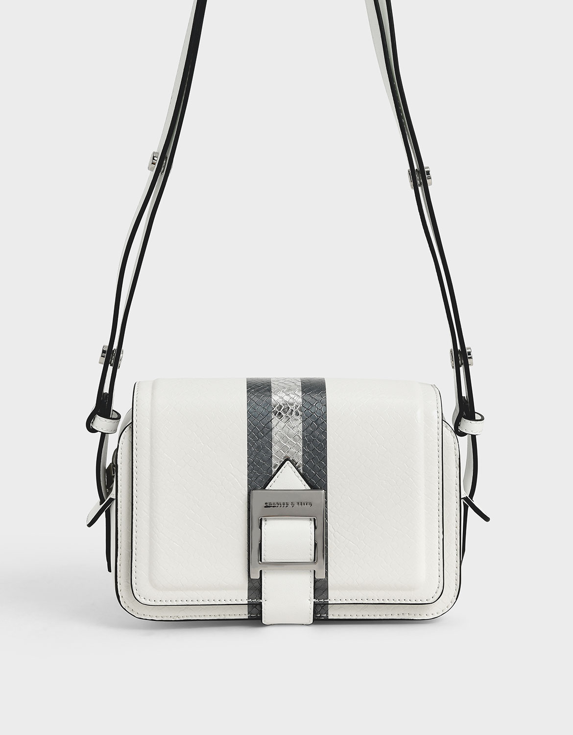 White Buckle Strap Snake Print Shoulder Bag CHARLES  