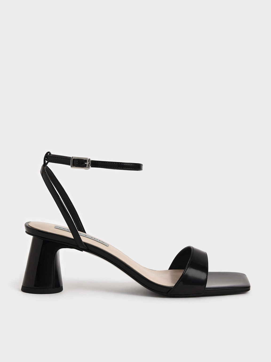 Black Patent Ankle Strap Cylindrical Heel Sandals CHARLES KEITH UK