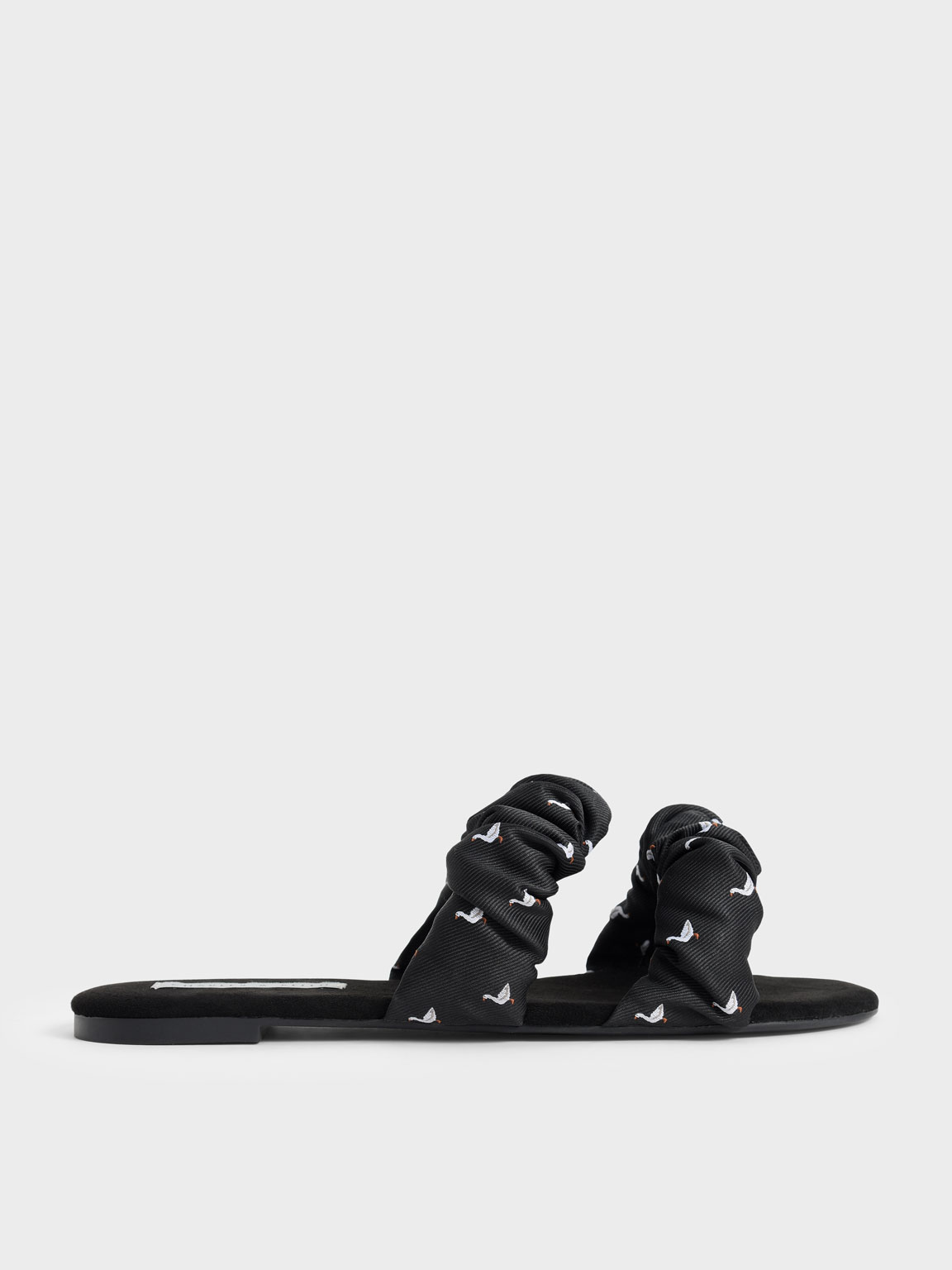 

Jacquard Printed Ruched Strap Slide Sandals, Black textured