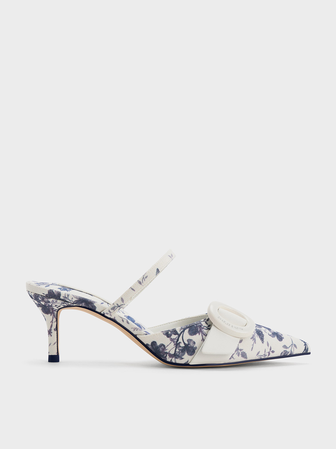 Charles & Keith - Oval-Buckle Floral-Print Pointed-Toe Mules