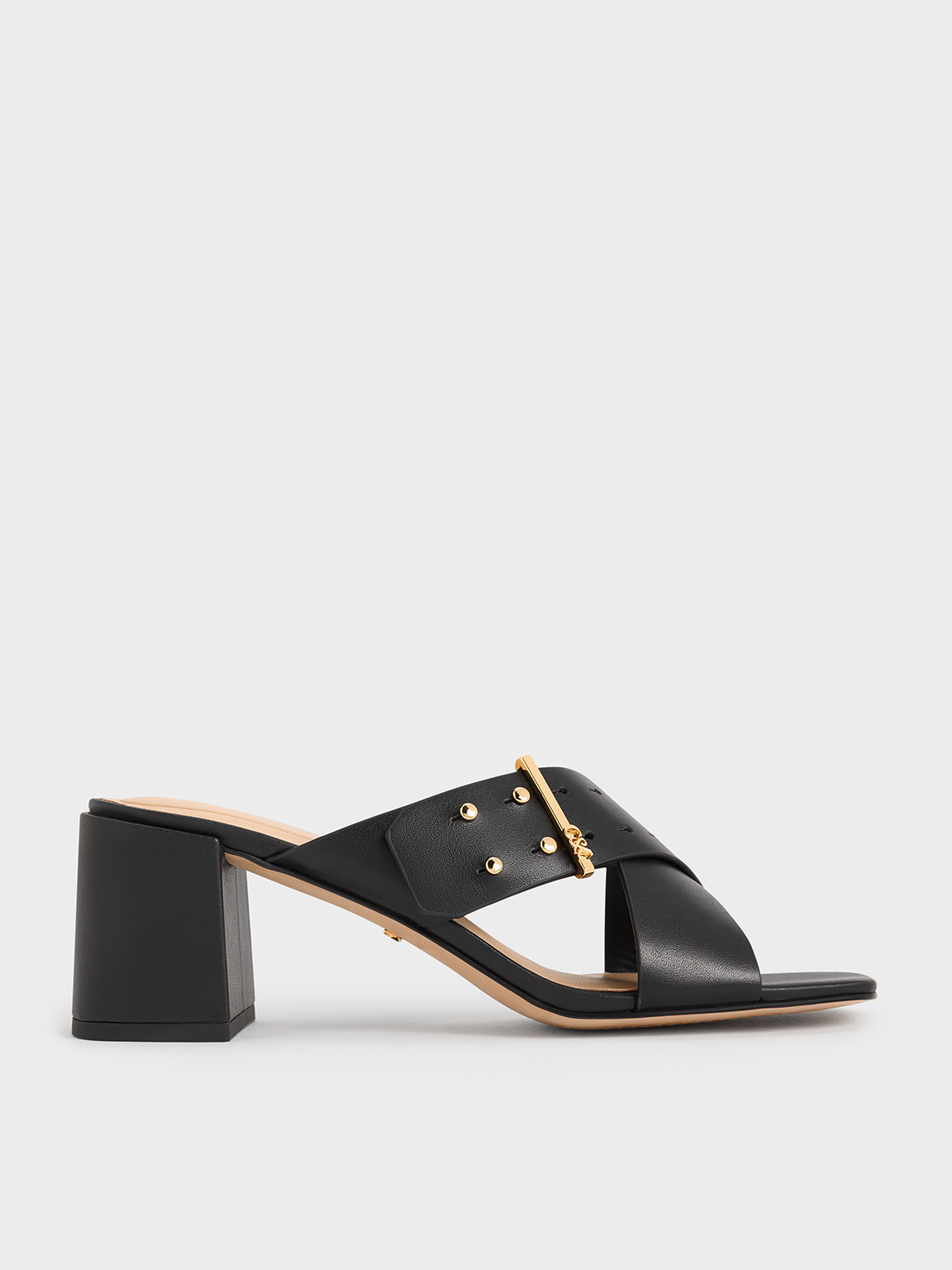 Shop Charles & Keith - Leather Crossover Block Heel Mules In Black