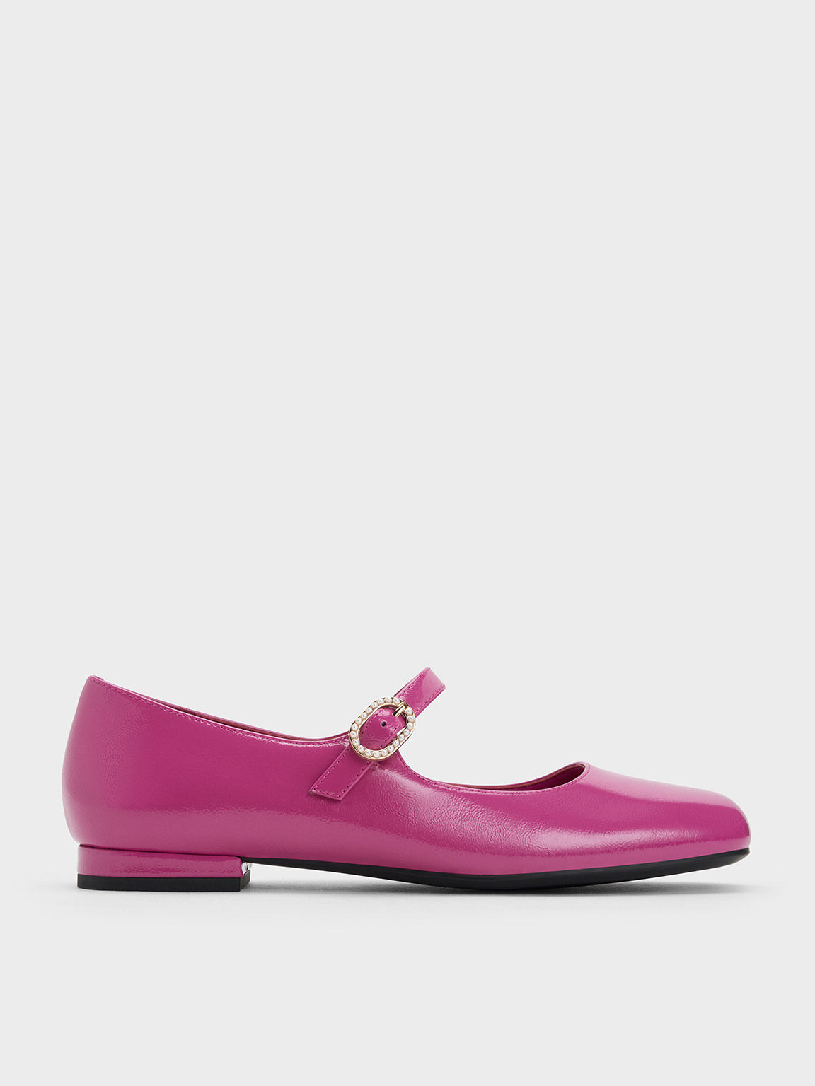 Fuchsia Patent Crinkle-Effect Pearl-Buckle Mary Janes - CHARLES 