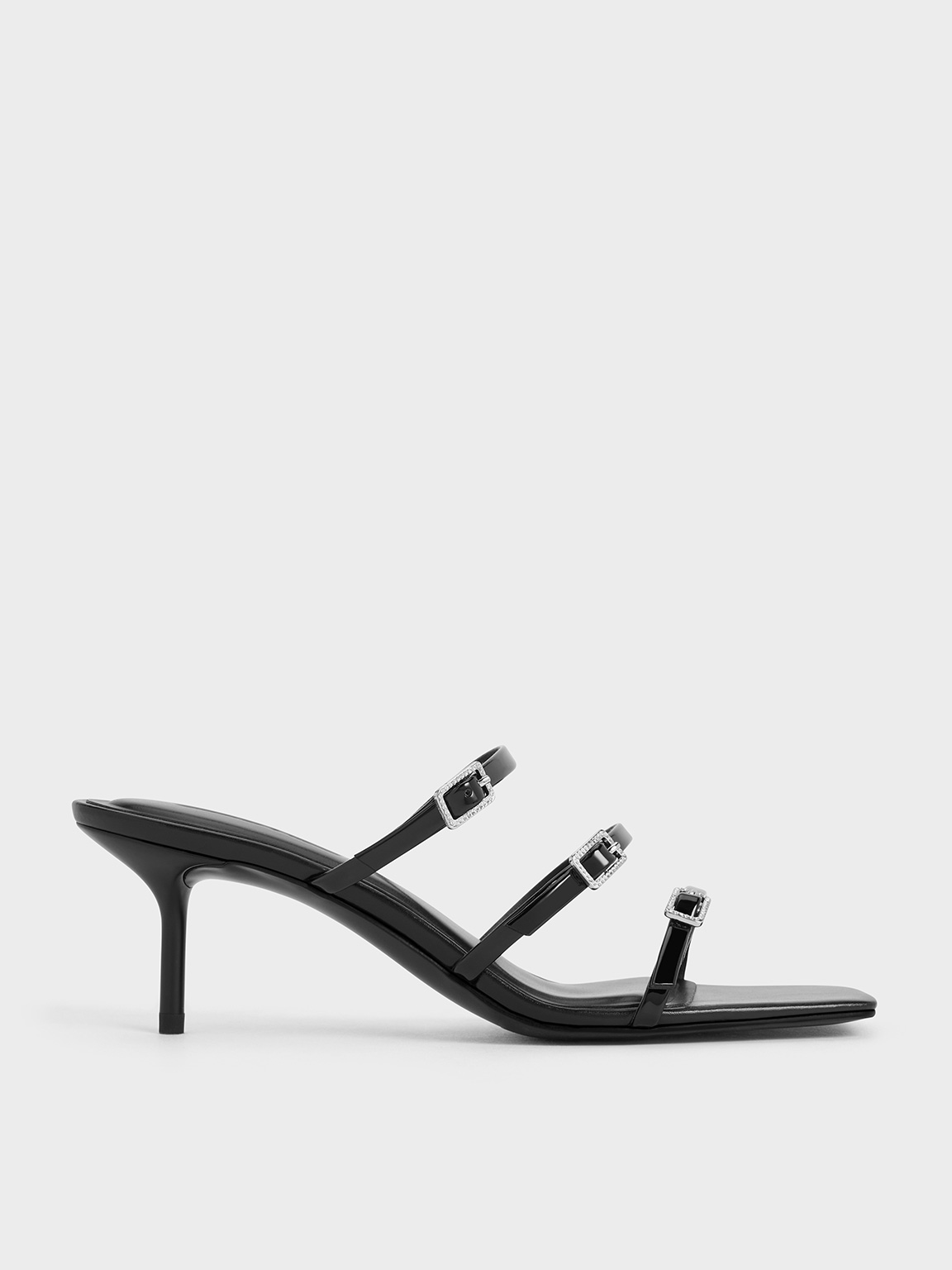 Shop Charles & Keith - Patent Crystal-buckle Heeled Mules In Black Patent