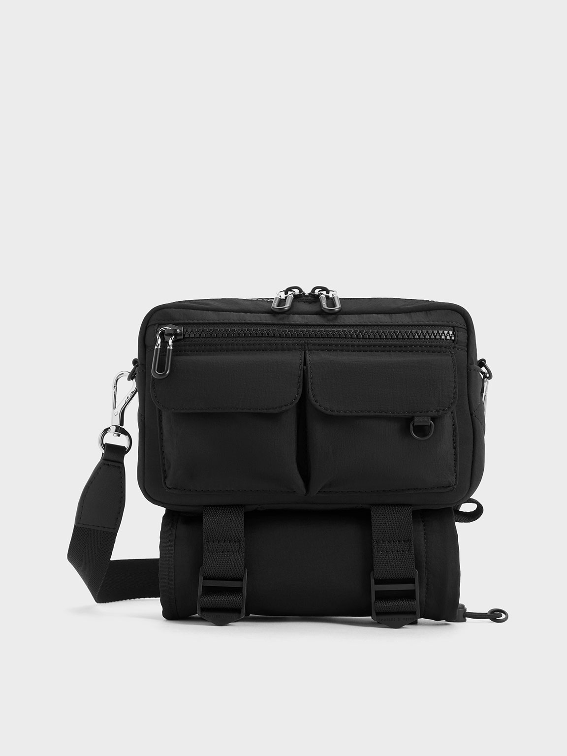 Charles & Keith Soleil Nylon Multi-pocket Crossbody Bag In Noir