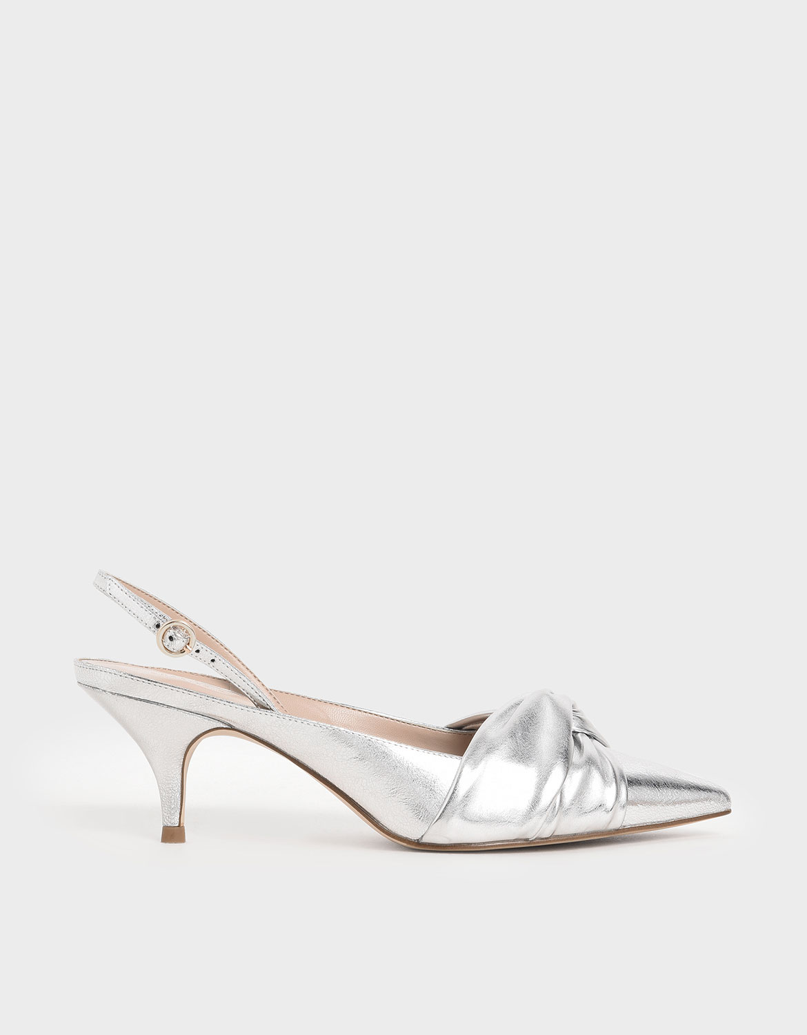 

Metallic Knotted Slingback Pumps, Silver