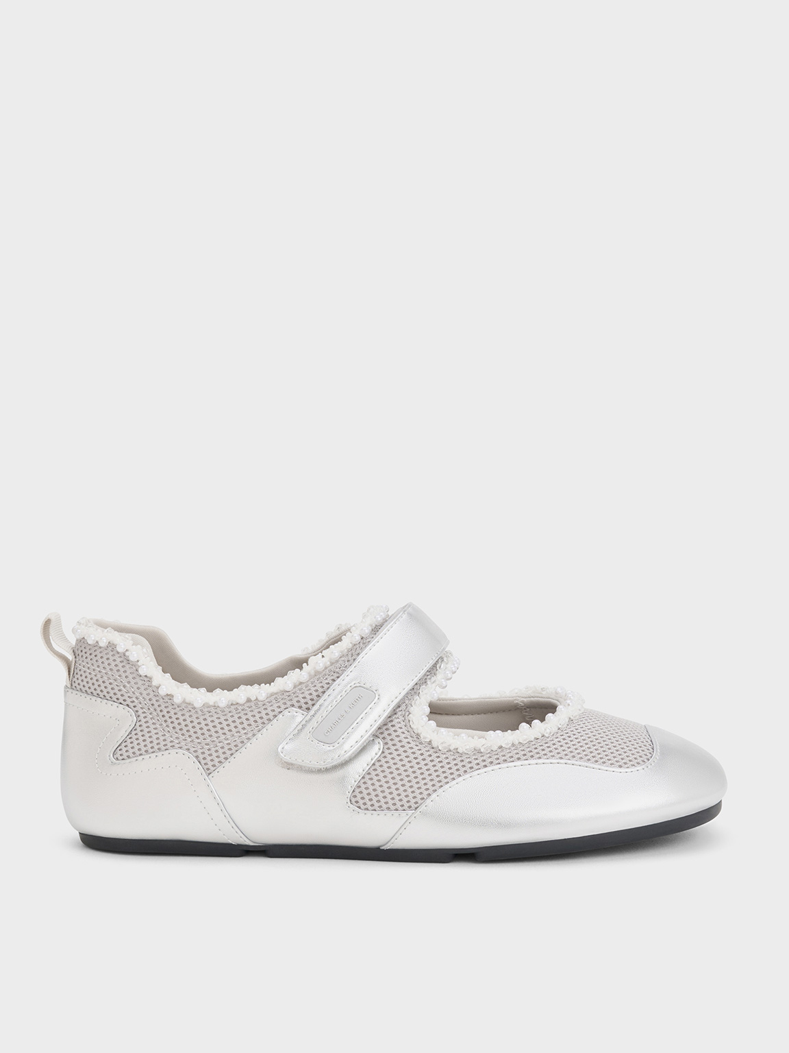 Charles & Keith - Metallic Mesh Pearl-Embellished Mary Jane Sneakers