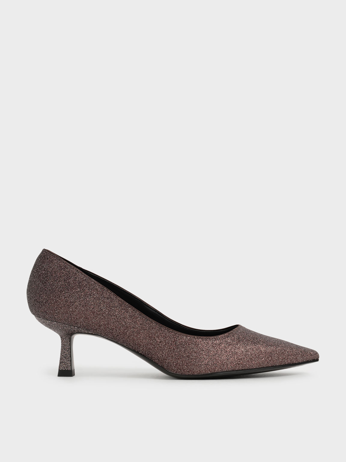 Dark Brown Glitter Kitten Heel Pumps - CHARLES & KEITH UK