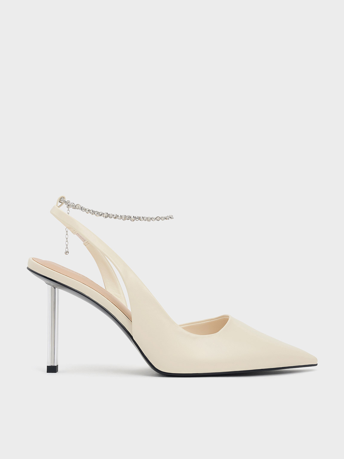 Shop Charles & Keith - Crystal-chain Ankle-strap D'orsay Pumps In Cream