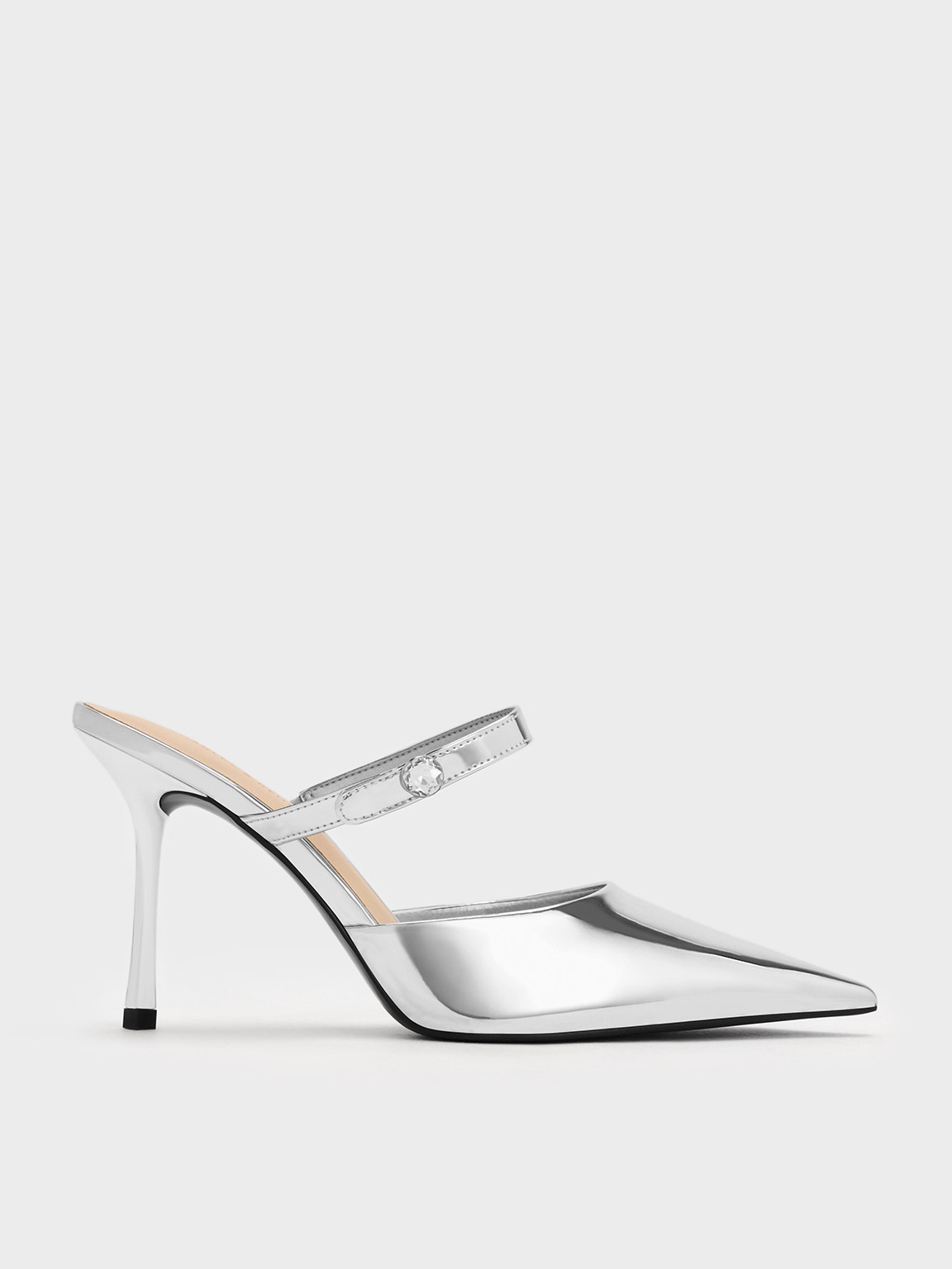 Charles & Keith - Metallic Crystal-Accent Stiletto-Heel Mules