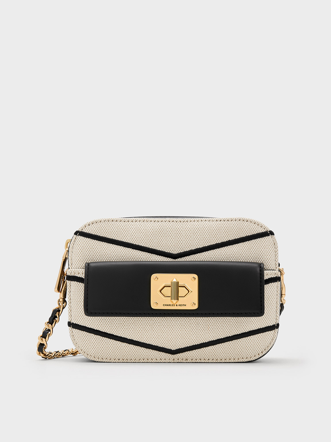 Charles & Keith - Eleni Canvas Chevron Zip Crossbody Bag