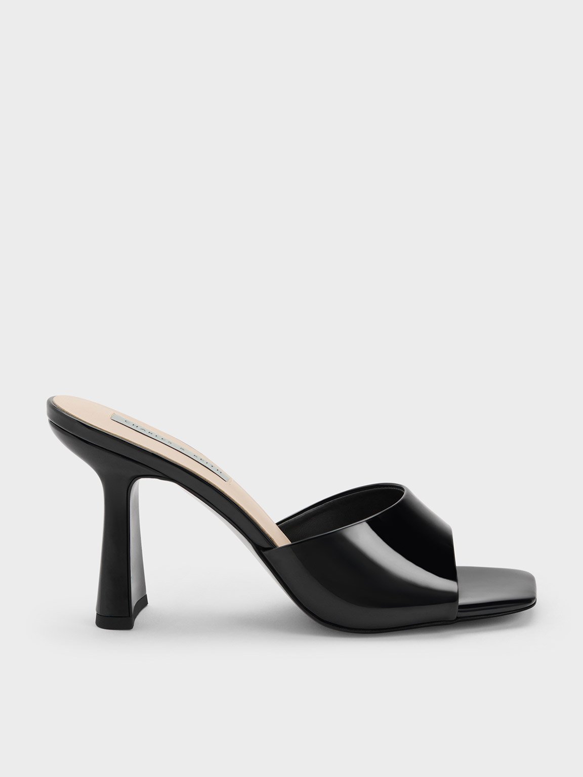 Charles & Keith Patent Square Toe Heeled Mules In Black Patent