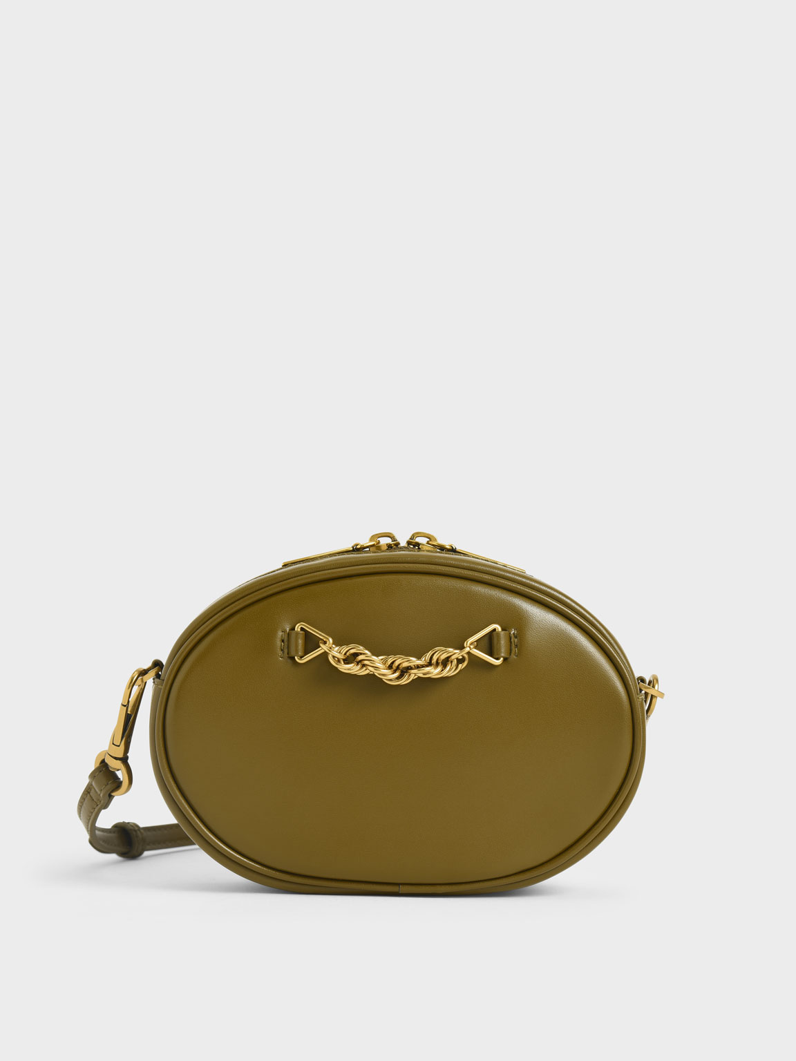 

Chain-Embellished Oval Crossbody Bag, Olive