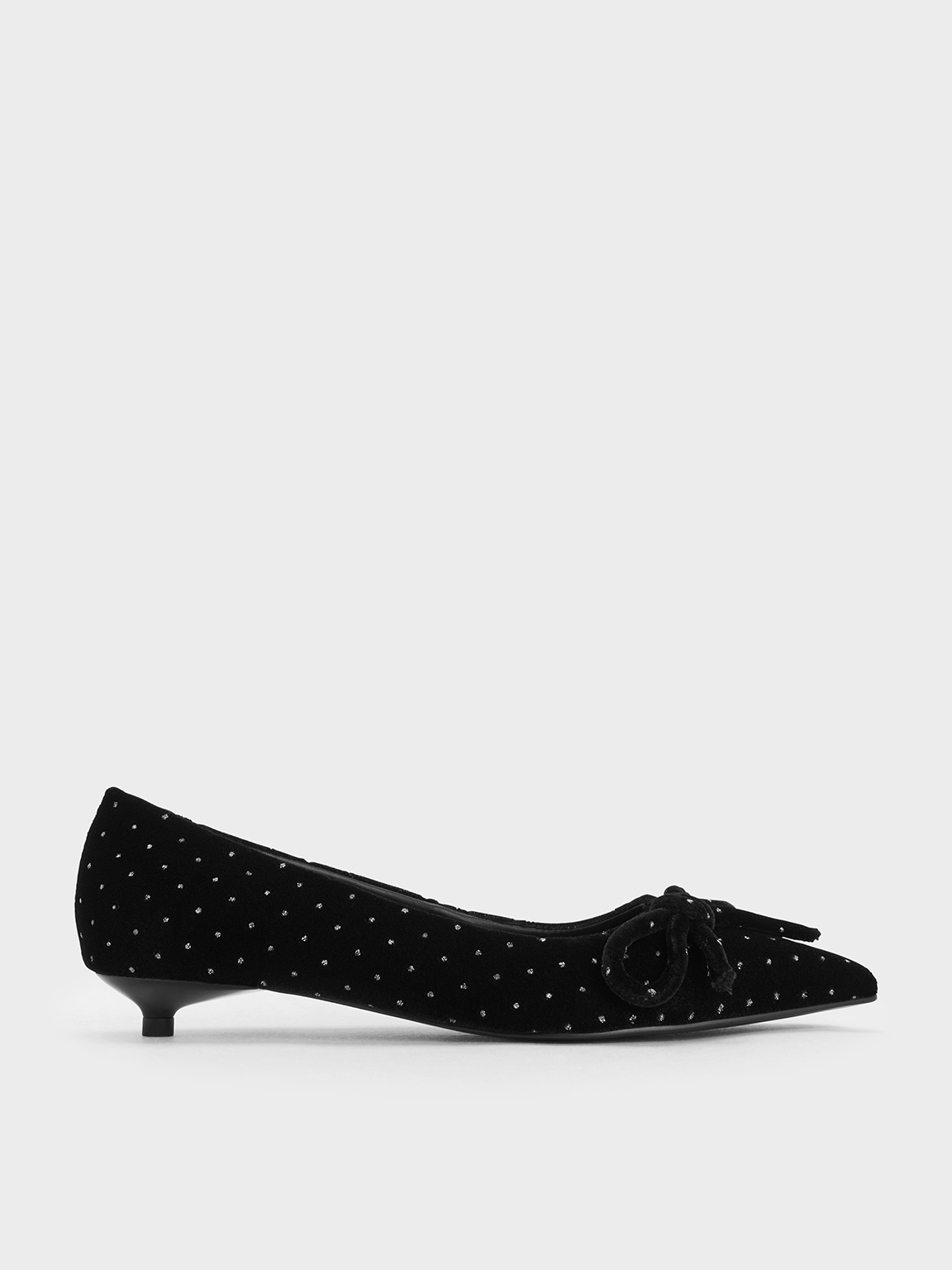 Charles & Keith - Velvet Dotted Bow Pointed-Toe Kitten-Heel Pumps