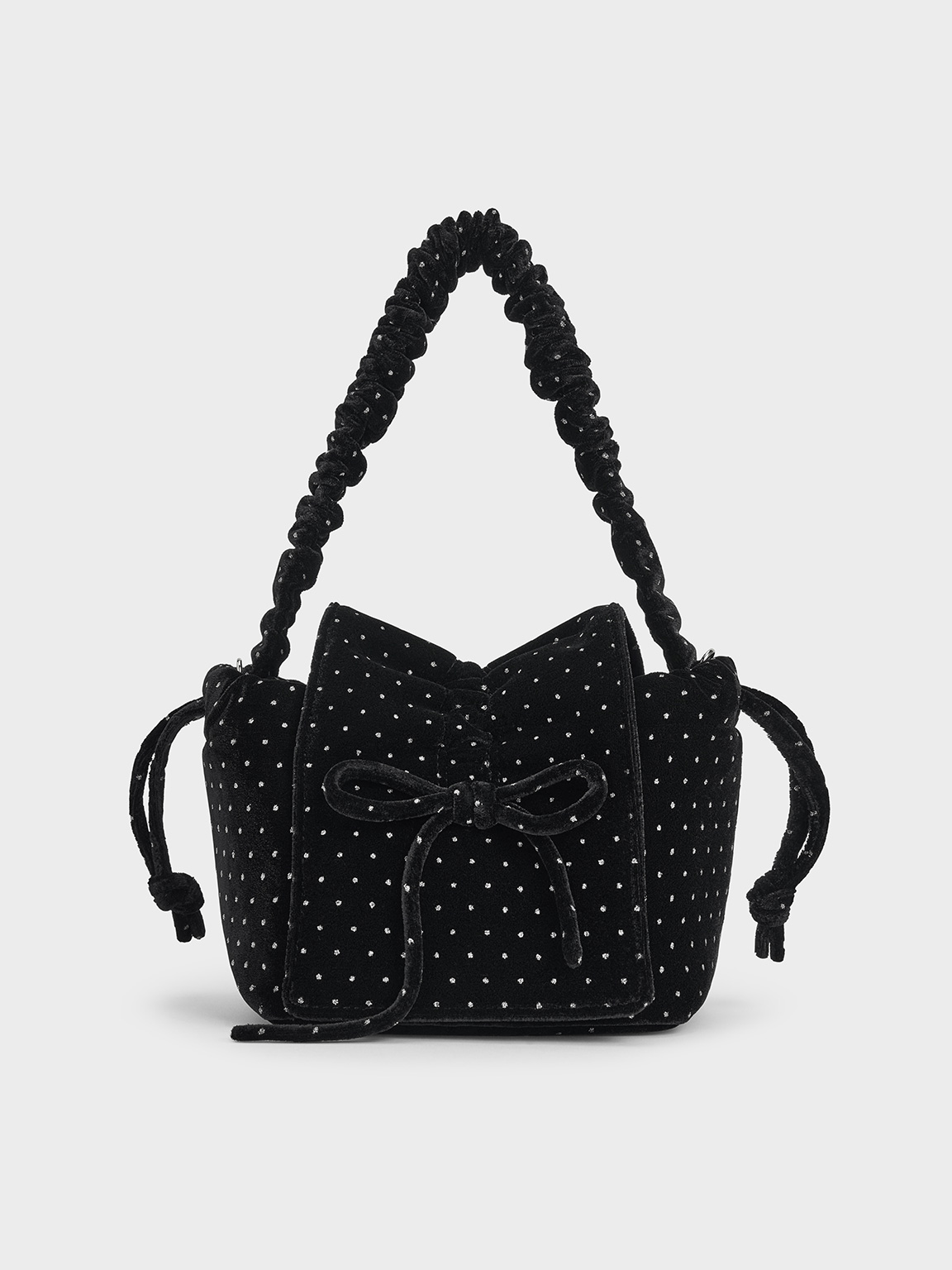 Charles & Keith - Velvet Dotted Bow Ruched Top Handle Bag