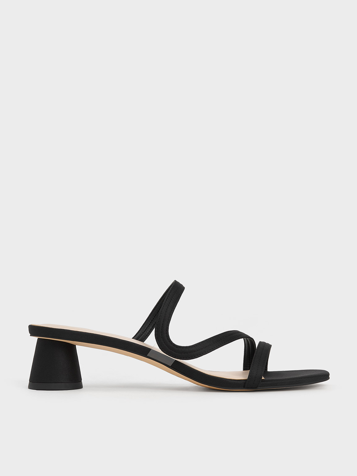 Black Satin Wavy Strap Mules - CHARLES & KEITH UK