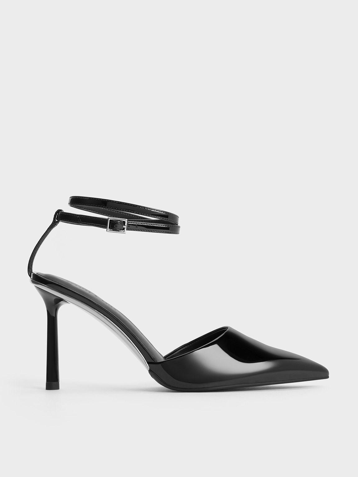 Charles & Keith Patent Pointed-toe Ankle-strap Pumps In Black Patent